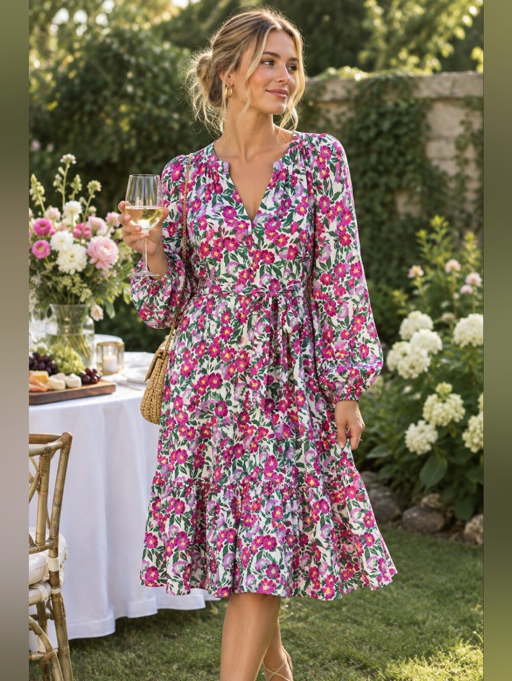 Draper James Long Sleeve Tiered Midi Dress Small Pink Floral Garden Office Work